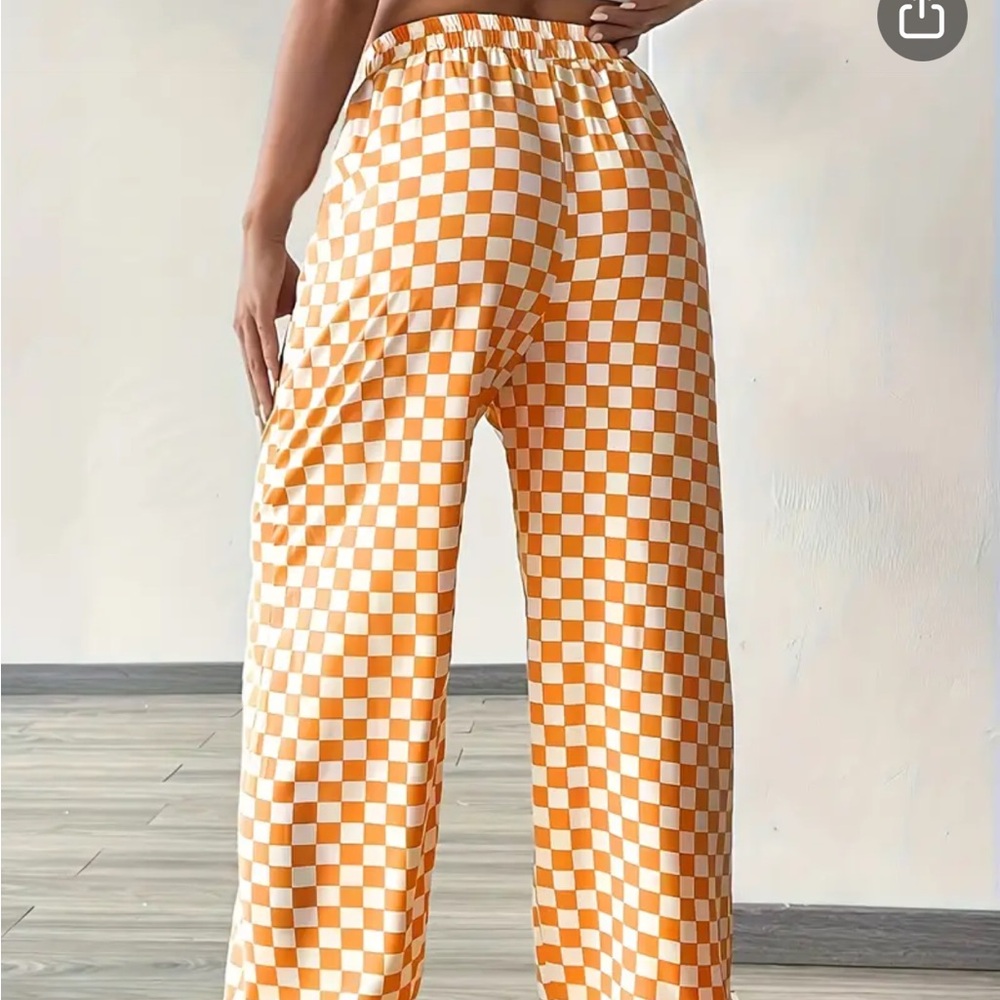 SHEIN Orange and White Checkerboard Wide Leg Pants